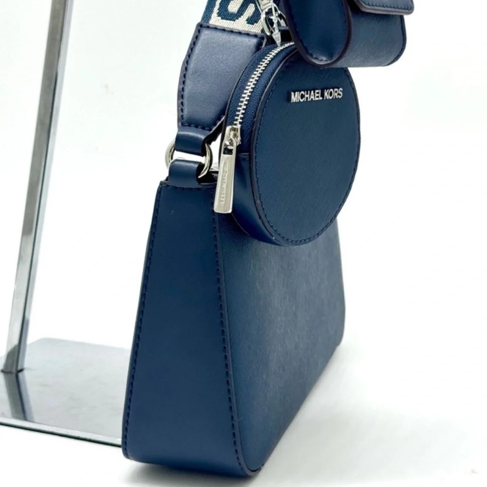 Michael Kors Small Leather Crossbody Bag w Case for Apple Airpods Pro® Navy - Picture 5 of 11